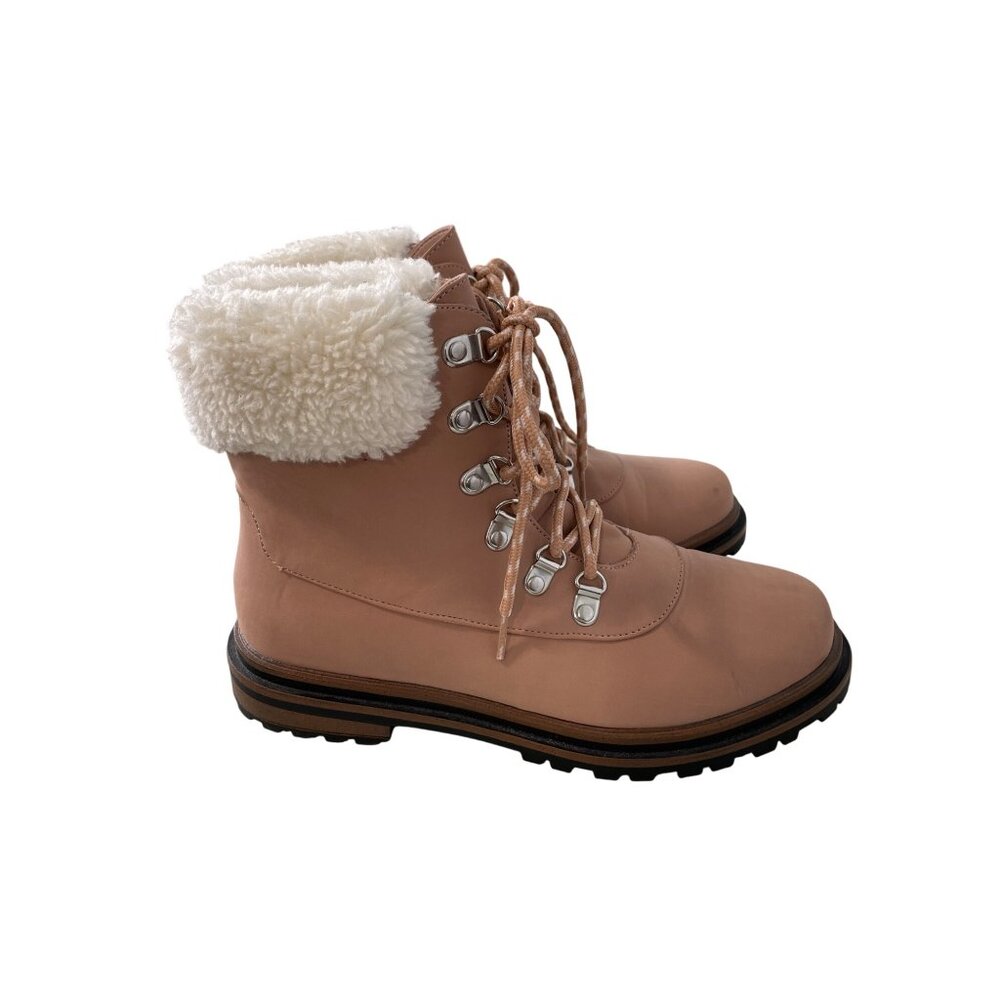 Torrid Shearling Hiker Ankle Bootie Size 7.5 Lace Up Almond Toe Shoes Blush Pink - Picture 3 of 12